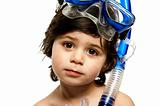 Young boy wearing a snorkel and mask isolated on a white background