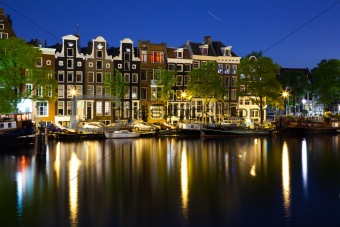 colorful houses in Amsterdam at night