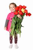 little girl with a huge bouquet of tulips