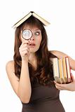 girl student with books and magnifying glass