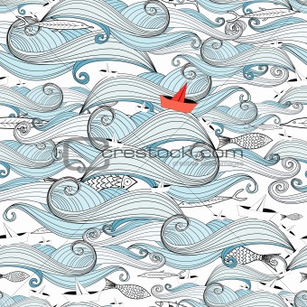 graphic pattern of the waves and the ships