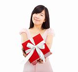 smiling asian young woman holding gift box
