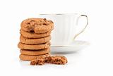 chocolate chips cookies and cup of tea