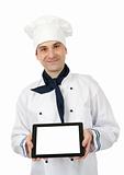 Chef showing a tablet pc with blank screen