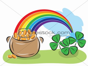 St Patrick Day pot with coins rainbow and shamrocks