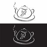 teapot with leaves symbol isolated on black and white
