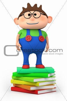 school boy standing on stack of books