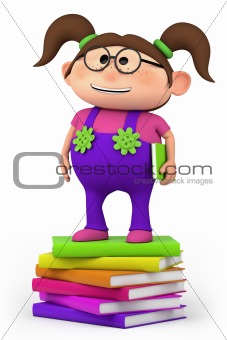 school girl standing on stack of books