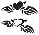 Set of 2 winged heart tattoos. Vector illustration.
