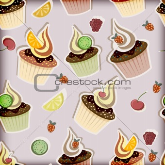 vector seamless pattern with cupcakes,  fruits and berries