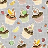 vector seamless pattern with cupcakes,  fruits and berries