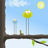 Two funny birds in the tree with a caterpillar
