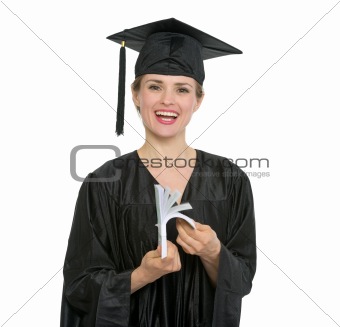Smiling graduation student woman counting euros in stack isolated