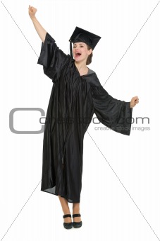 Happy student woman rejoicing graduation isolated
