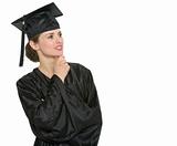 Thoughtful graduation student woman looking on copy space isolated