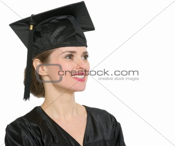 Portrait of thoughtful graduation student woman isolated