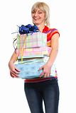 Smiling older woman with stack of present boxes