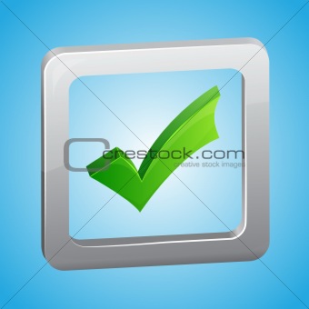 Green check mark symbol in metalic box