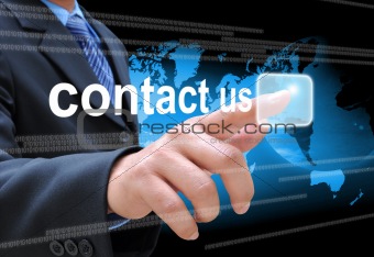 businessman hand pushing contact us button on a touch screen interface