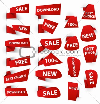 Set of red origami paper banners and stickers. Vector illustration