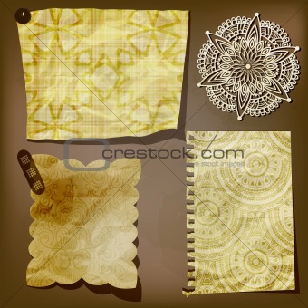 Scrap template of vintage paper piecesand lacy flower