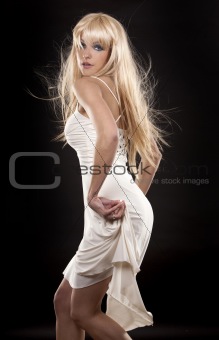 blond in white dress