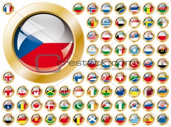 Shiny button flags with golden frame collection -  vector illustration