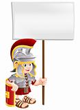 Cute Roman soldier holding sign board