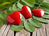 Red heart ornaments on green leaves