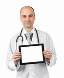 Smiling doctor with tablet computer