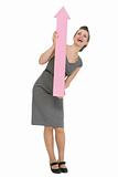 Happy business woman with big arrow pointing up isolated