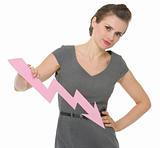 Serious business woman holding decreasing chart arrow isolated