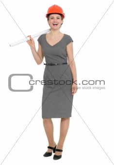 Happy architect woman with flip chart isolated