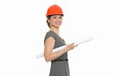 Portrait of smiling architect woman with flipchart isolated