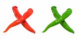 Letter X composed of green and red chili peppers