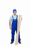 Construction worker with wooden plancks