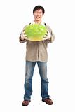 happy asian farmer holding watermelon full length isolated on white