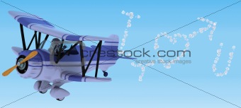 robot flying a biplane sky writing