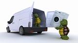 tortoises loading a washing machine into a van