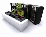 tortoise DJ mixing records on turntables