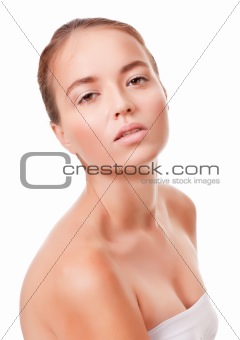 Young woman face on white