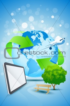 Abstract Background with Planet Earth Airplane and Tablet Computer