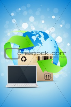Laptop with Earth Globe and Cardboard Box