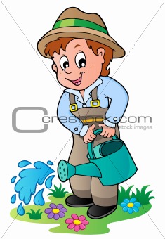 Cartoon gardener with watering can