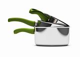 kitchenware, three empty pan over white background with green handle