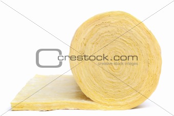 Roll of fiberglass insulation material, isolated on white background.