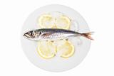Mackerel in the bowl with the lemon. On a white background.