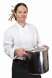 Chef holding large pot