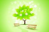 Abstract Green Tree Background with Flowers