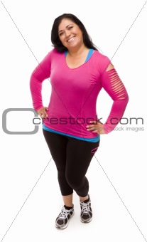 Attractive Middle Aged Hispanic Woman In Workout Clothes Against a White Background.